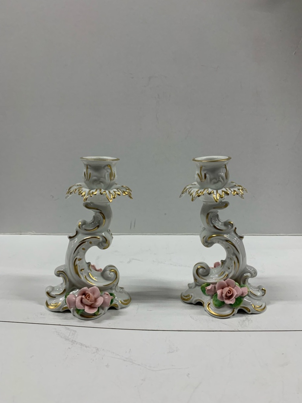 Porcelain Pink Rose Accent Candlestick Pair with Gold Trim
